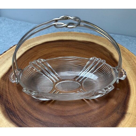 Vintage Oval Glass Serving Dish with Silver Metal Handle 1940s - Picture 2 of 9